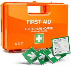 Kit di pronto soccorso per aziende con contenuto secondo DIN 13157 in arancione